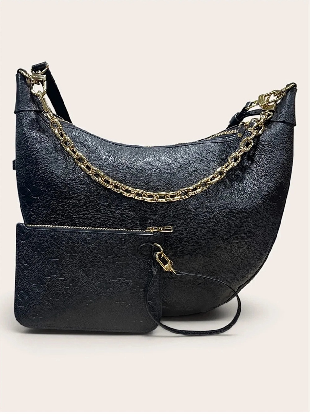 Louis Vuitton Black Embossed Shoulder Loop Hobo with Gold Chain
